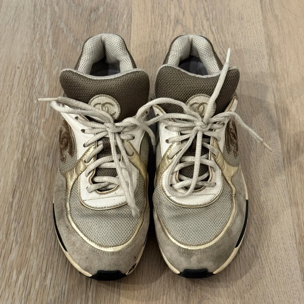 CHANEL Gray and White CC Logo Chunky Athletic Sneakers